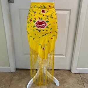 Yellow Floral Embroidered Fringe Hip Scarf Veil